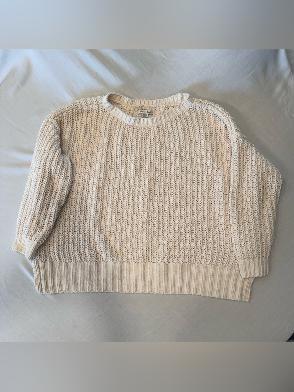 American Eagle Cream Chenille Ribbed Crewneck Sweater Oversized XS